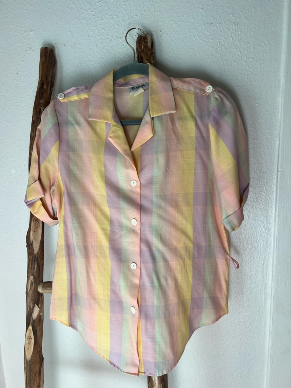 Rhapsody Vintage 70s Pastel Yellow Pink Plaid Short Sleeve Button Up Shirt Small